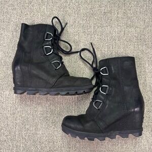 Sorel Joan of Arctic Wedge II Waterproof Black Leather Boots Women's 6.5